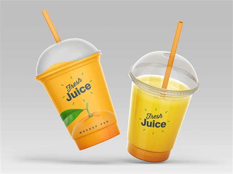 Free Clear Plastic Disposable Juice Cup With Dome Lid Mockup Set