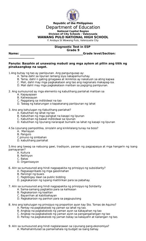 Diagnostic Test in ESP Grade 9 - Republic of the Philippines Department