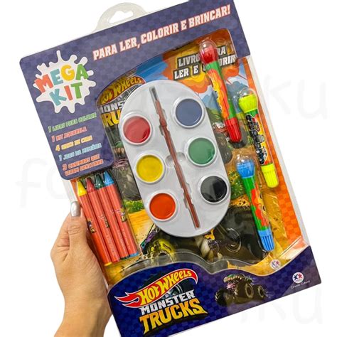 Mega Kit Livro Infantil Colorir Hot Wheels Ler Colorir E Brincar Giz De Cera