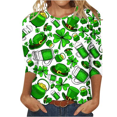 Qipopiq Womens 3 4 Sleeve Crew Neck Shirts St Patricks Day Shamrock