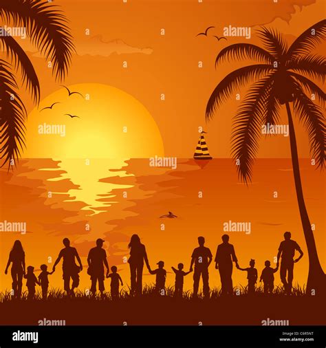 Summer background with silhouette family, palm tree, dolphin and yacht, element for design ...