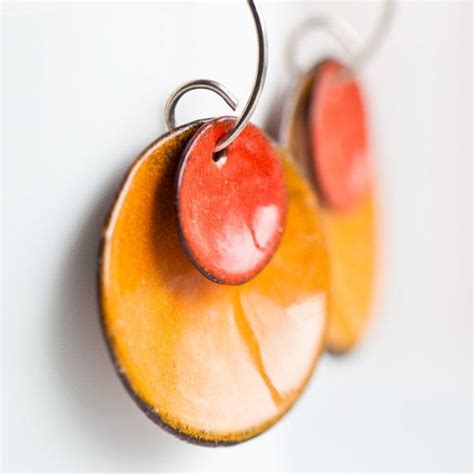 Fun Big Bold Orange Earrings Copper Enamel Discs Handmade Etsy