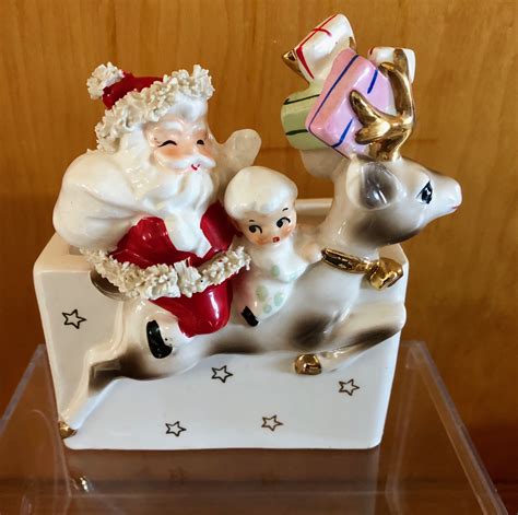 Vintage Christmas Santa Reindeer With Packages In Antlers And Angel Planter Japan Fabulous