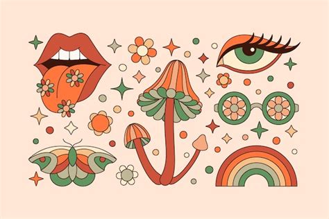 Premium Vector Groovy Elements Set In Retro Hippie Style Vector