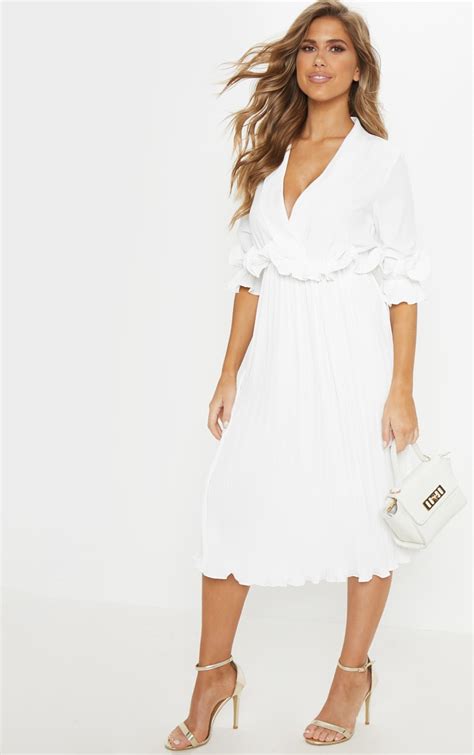 White Frill Detail Pleated Midi Dress Prettylittlething Usa