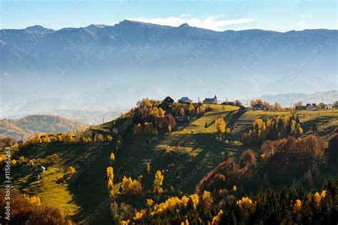 Colorful Autumn Landscape In The Mountain Village Magura Morning In