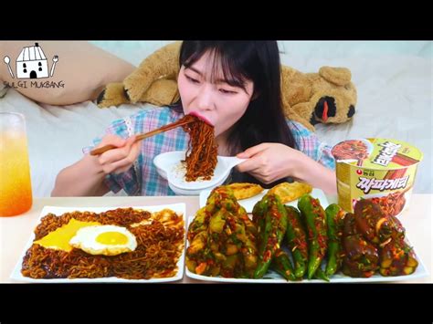 Asmr Mukbang Black Bean Noodles Stuffed Kimchi Cucumber Red Pepper