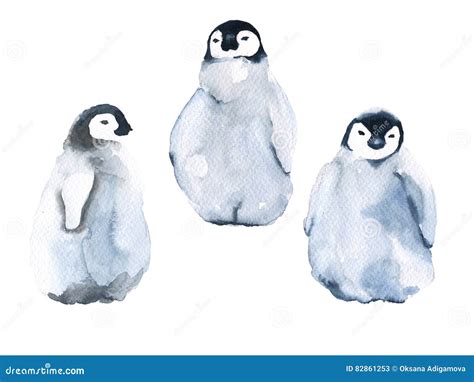 Set Of Three Little Penguins Isolated On White Background Watercolor