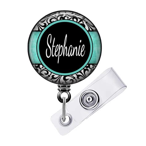 Black And White Damask Retractable Badge Holder Personalized Lanyard ID