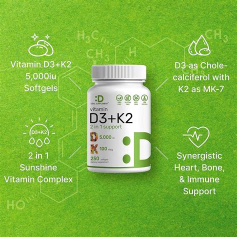 Deal Suplement Vitamina D3 5 000 Iu Vitamina K2 Mk7 100 Mcg 250 Softgels Vitaminas Y Mas