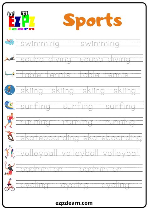 Sports Set1 Word Tracing Worksheet