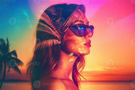Summer Themed Double Exposure Bikini Portrait Stock Photo At
