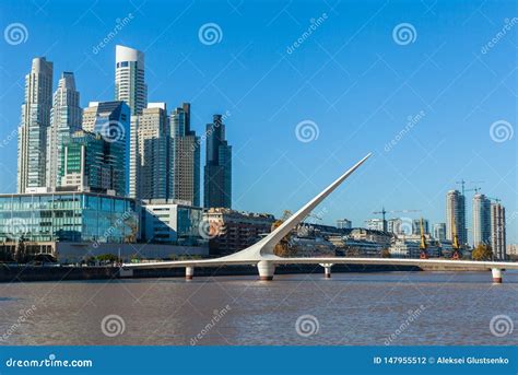 Buenos Aires City Skyline. View of Puente De La Mujer Women`s Bridge ...