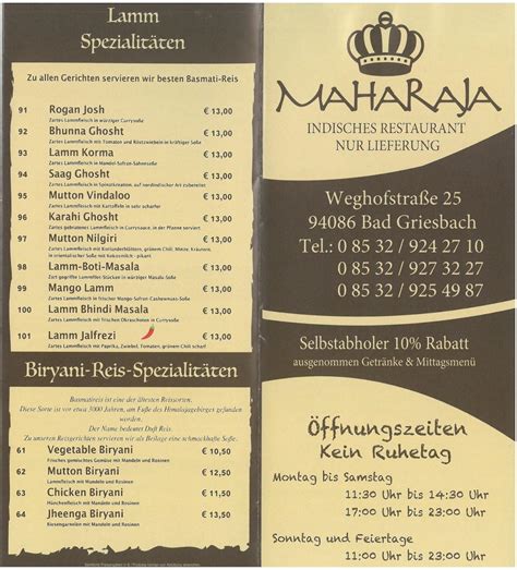 Speisekarte Von Indisches Restaurant G Tersloh Maharaja Bad Griesbach