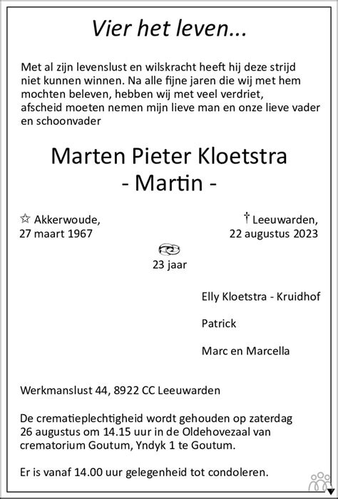 Martin Marten Pieter Kloetstra Overlijdensbericht En