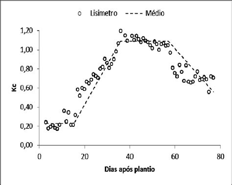 Valores de K c obtidos por lisimetro de pesagem em função do tempo após