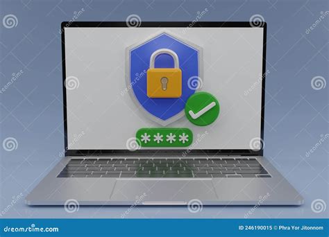 3d Render Modern Laptop Computer With Shield Padlock And Check Mark