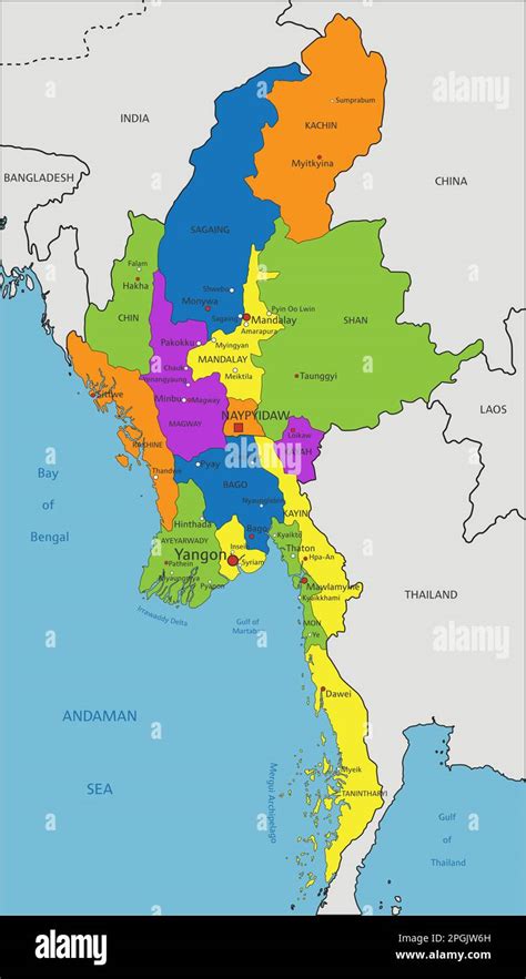 Colorful Myanmar Political Map With Clearly Labeled Separated Layers Vector Illustration Stock