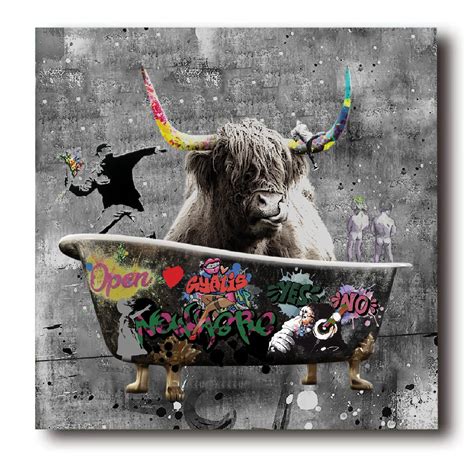 Funny Highland Cow Wall Art In Bathtub Banksy Graffiti Canvas Wall Art