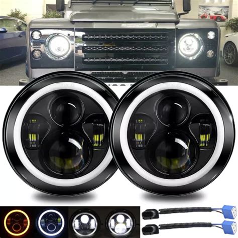 7and Led Headlight Projector Halo Ring Drl For Land Rover Defender 90