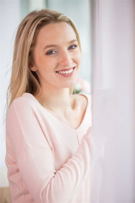 Portrait Happy Blonde Woman Stock Image Image Of Indoor Portrait