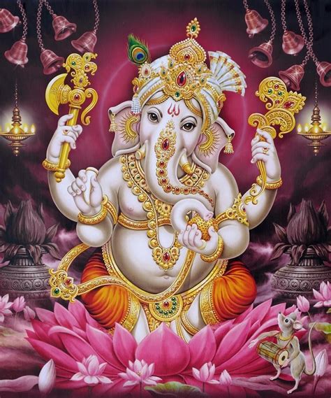 Ganesh Pink Lotus Bells And Deepa Painting Art Gallery Wrap Giclee