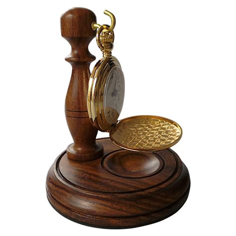 Wooden Pocket Watch Stand Wood Holder Hanger Hand Walnut And Brass Desk