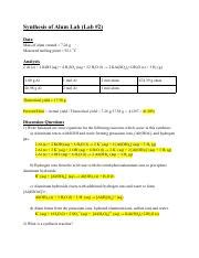 Alum Lab 2 Pdf Synthesis Of Alum Lab Lab 2 Data Mass Of Alum