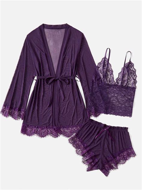 Classic Sexy Pack Contrast Lace Mesh Lingerie Set Robe Belt For Sale Australia New
