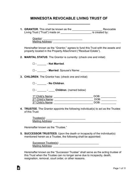 Free Minnesota Living Trust Form Revocable Pdf Word Eforms