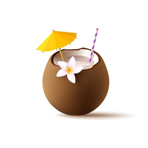 Premium Vector 3d Brown Coconut Cocktail With Straw And Umbrella And Tropical Flower Realistic