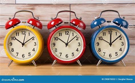 Three Alarm Clocks On A Wooden Table AI Stock Photo Image Of Blue