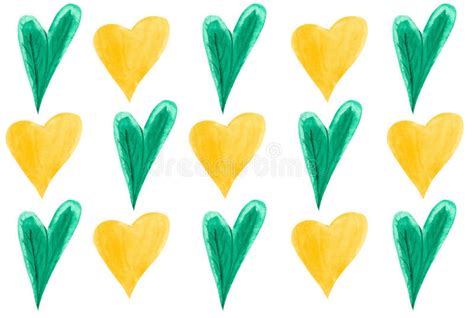 Watercolor Seamless Patterns With Green And Yellow Hearts Isolated On