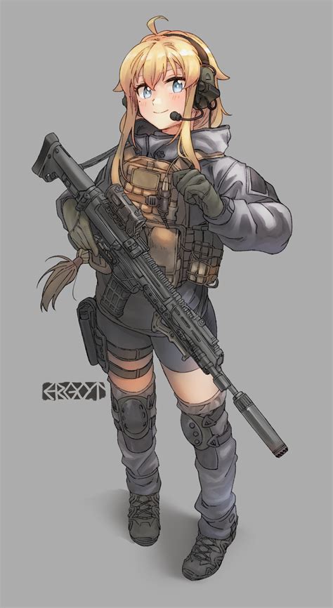 Safebooru 1girl Ammunition Pouch Assault Rifle Bangs Blonde Hair Blue