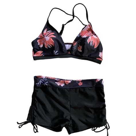 Swim Swimwear Size Large Two Piece Black Coral Floral Boy Shorts Bikini Set Nwt Poshmark
