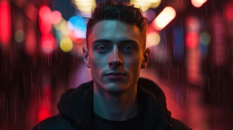 Premium AI Image A Man Stands In A Dark Street With A Neon Sign