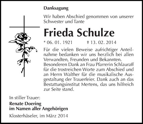 Traueranzeigen Von Frieda Schulze Abschied Nehmen De