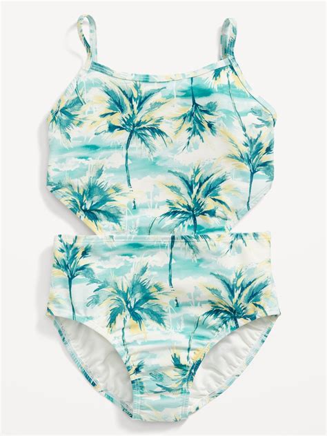 Old Navy Patterned Cut Out Waist One Piece Swimsuit For Girls Blue