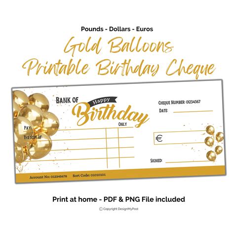 Printable Birthday Cheque Gift Cheque Template With Gold Balloons