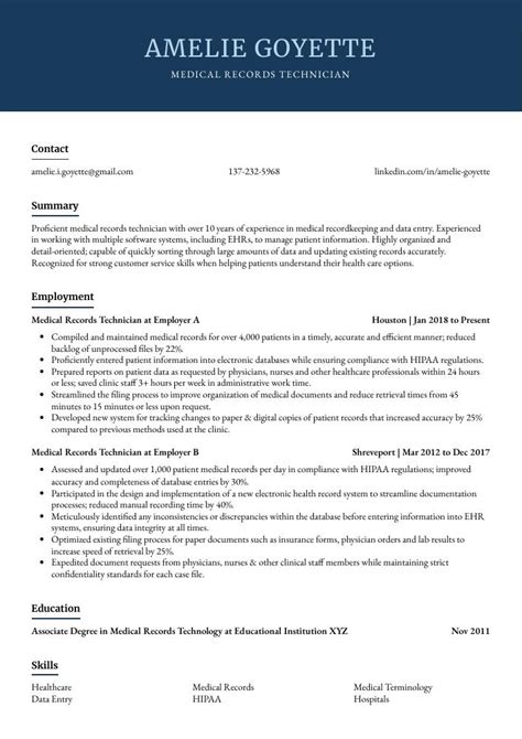 Medical Records Technician Resume Cv Example And Writing Guide