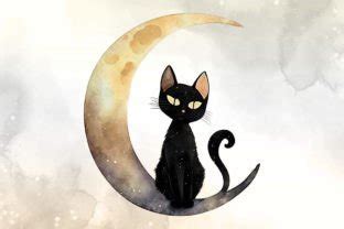 Black Cat And Moon Watercolor Clipart Graphic By Cat Lady Creative