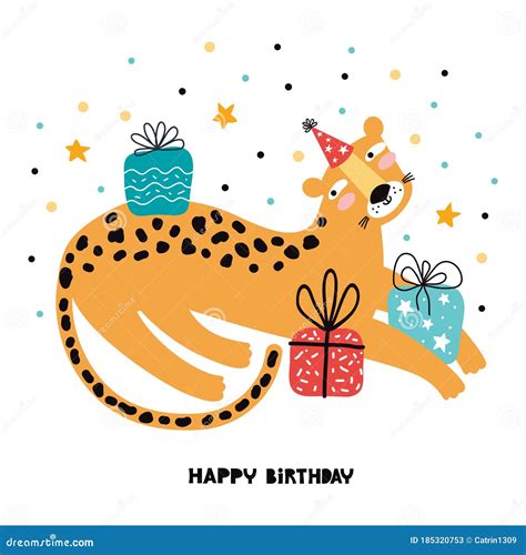 Party Leopard Hand Drawn Vector Illustration Happy Birthday Greeting