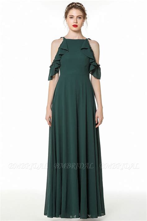 Bmbridal Chic Cold Shoulder Ruffle Dark Green Chiffon Bridesmaid