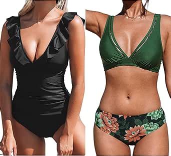 Amazon Cupshe Women S One Piece Swimsuit Bikini Sets Ruffle V Neck Back Hook Adjustable