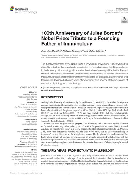 (PDF) 100th Anniversary of Jules Bordet's Nobel Prize: Tribute to a ...