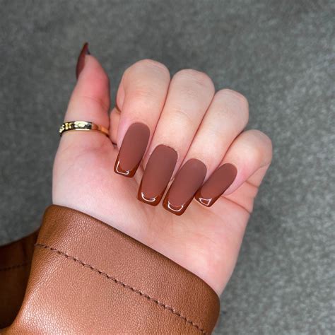 Square Nails Matte Nails Shiny French Tip Nail Brown Etsy