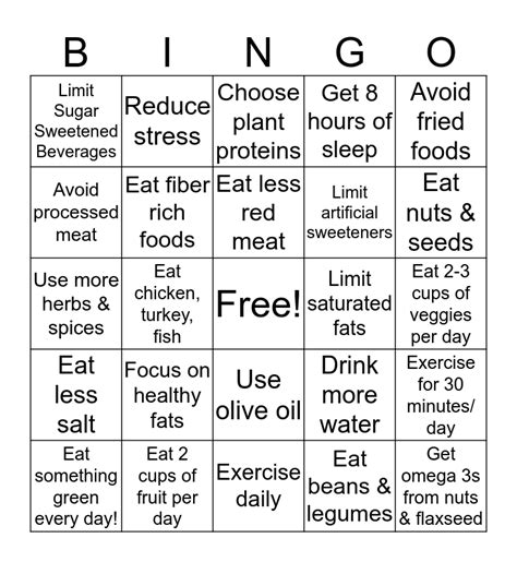 Nutrition Bingo Card