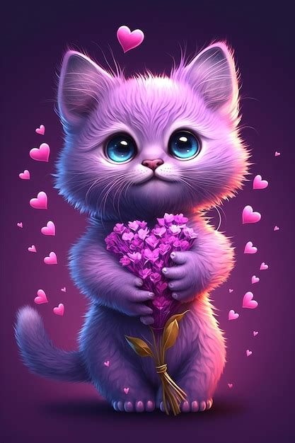 Premium Ai Image Illustration Of Cute Purple Kitten Holding Bouquet