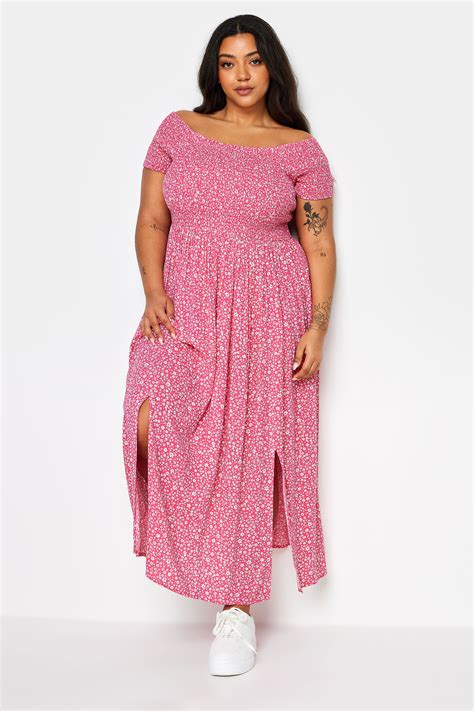 Yours Plus Size Pink Ditsy Floral Print Shirred Bardot Maxi Dress Yours Clothing