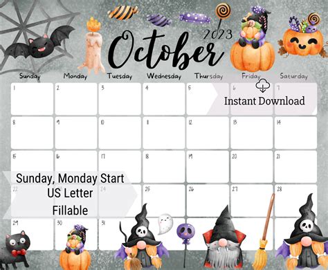 Editable October Calendar Happy Halloween Cute Gnoms Kid